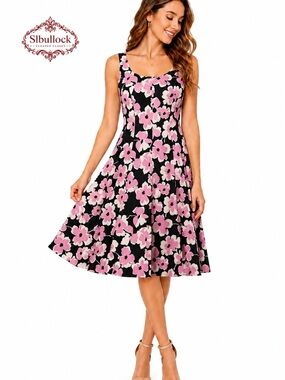 Nine West Floral Fit & Flare Dress Sz 2 Pink Black Fully Lined Cotton Blend NWOT
